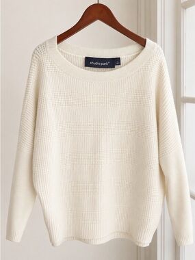 Studio Park 100% Cashmere Cream Textured Crewneck Sweater Size Large Luxury Knit